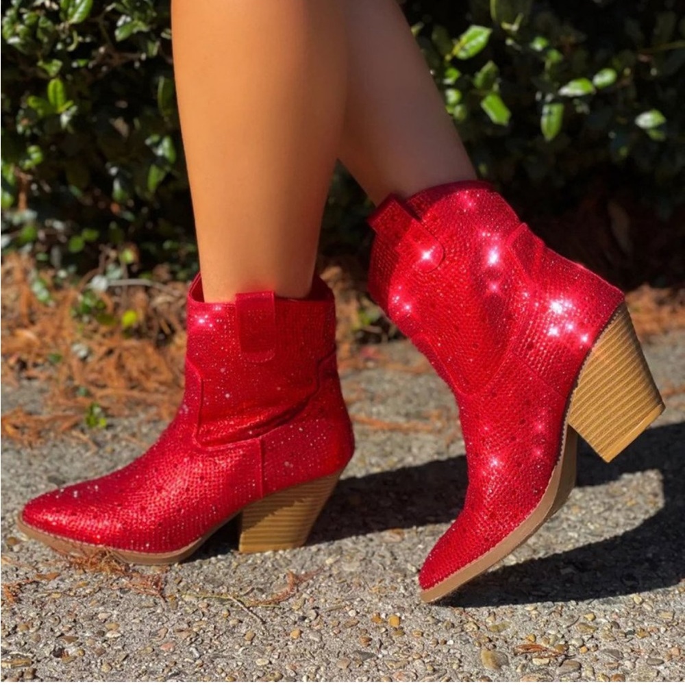 Worn once.To big for me. Red Western Style Bedazzled Cowboy Ankle Boots